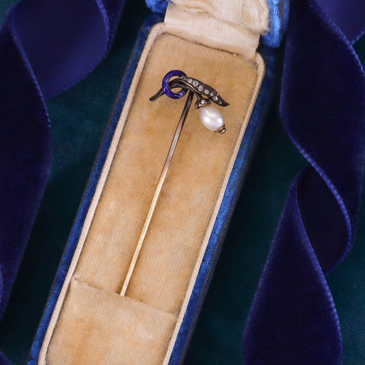 Antique Enamel Pearl and Diamond Stickpin - Trademark Antiques