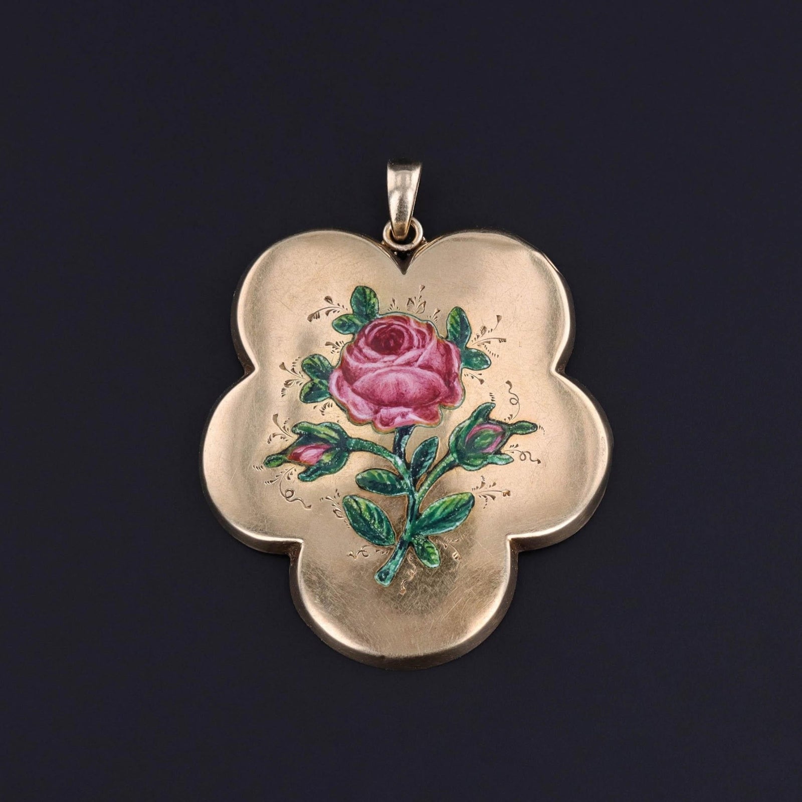Antique Enamel Rose Pendant of 14k Gold - Trademark Antiques