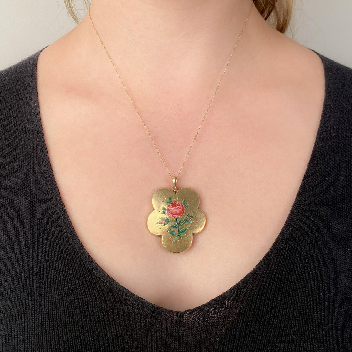 Antique Enamel Rose Pendant of 14k Gold - Trademark Antiques