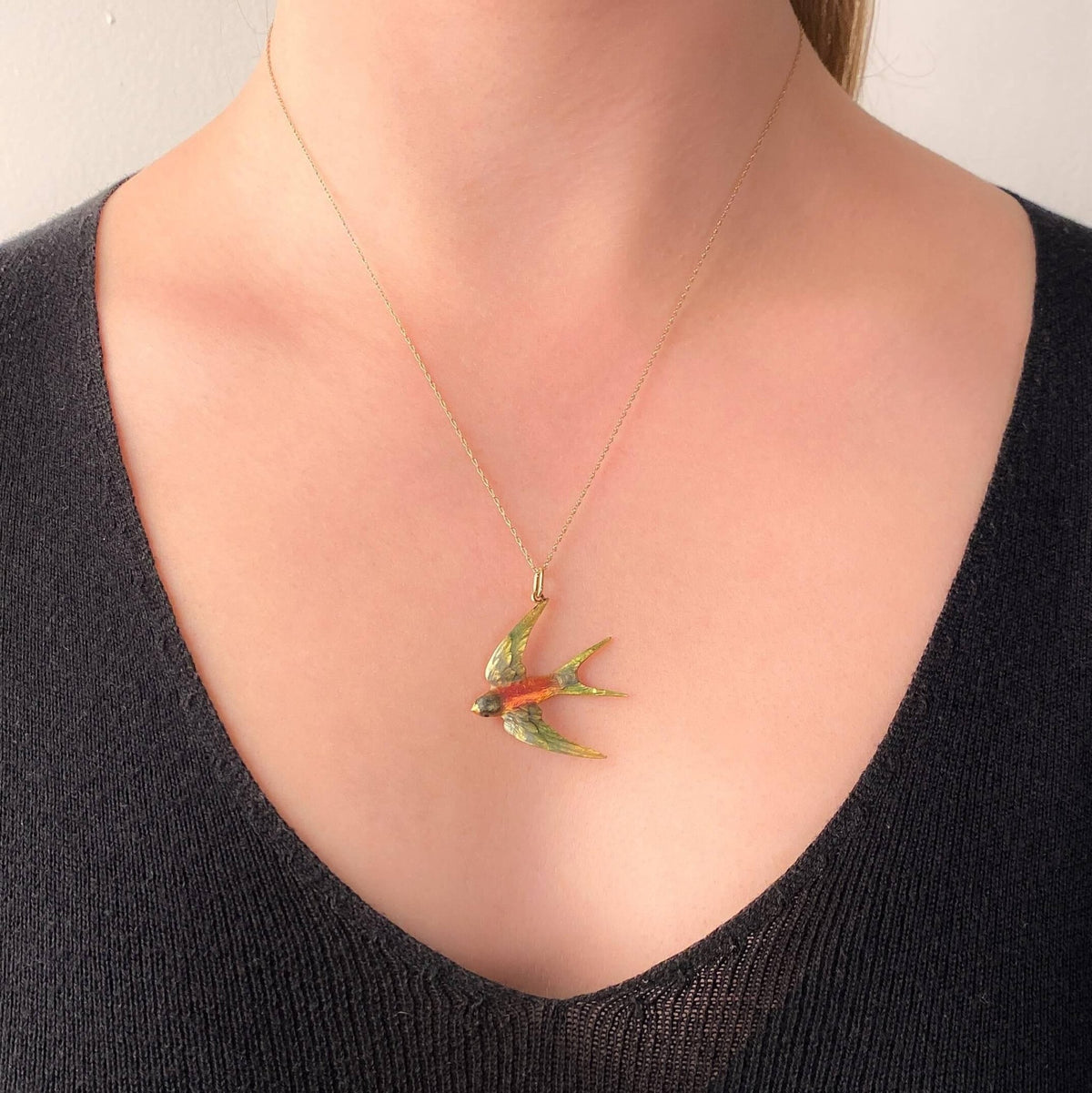 Antique Enamel Swallow Bird Pendant of 14k Gold - Trademark Antiques
