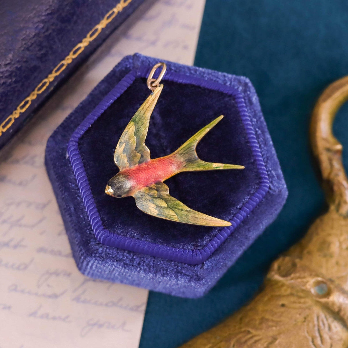 Antique Enamel Swallow Bird Pendant of 14k Gold - Trademark Antiques