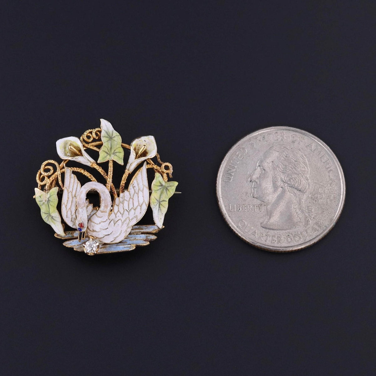 Antique Enamel Swan Brooch of 14k Gold - Trademark Antiques