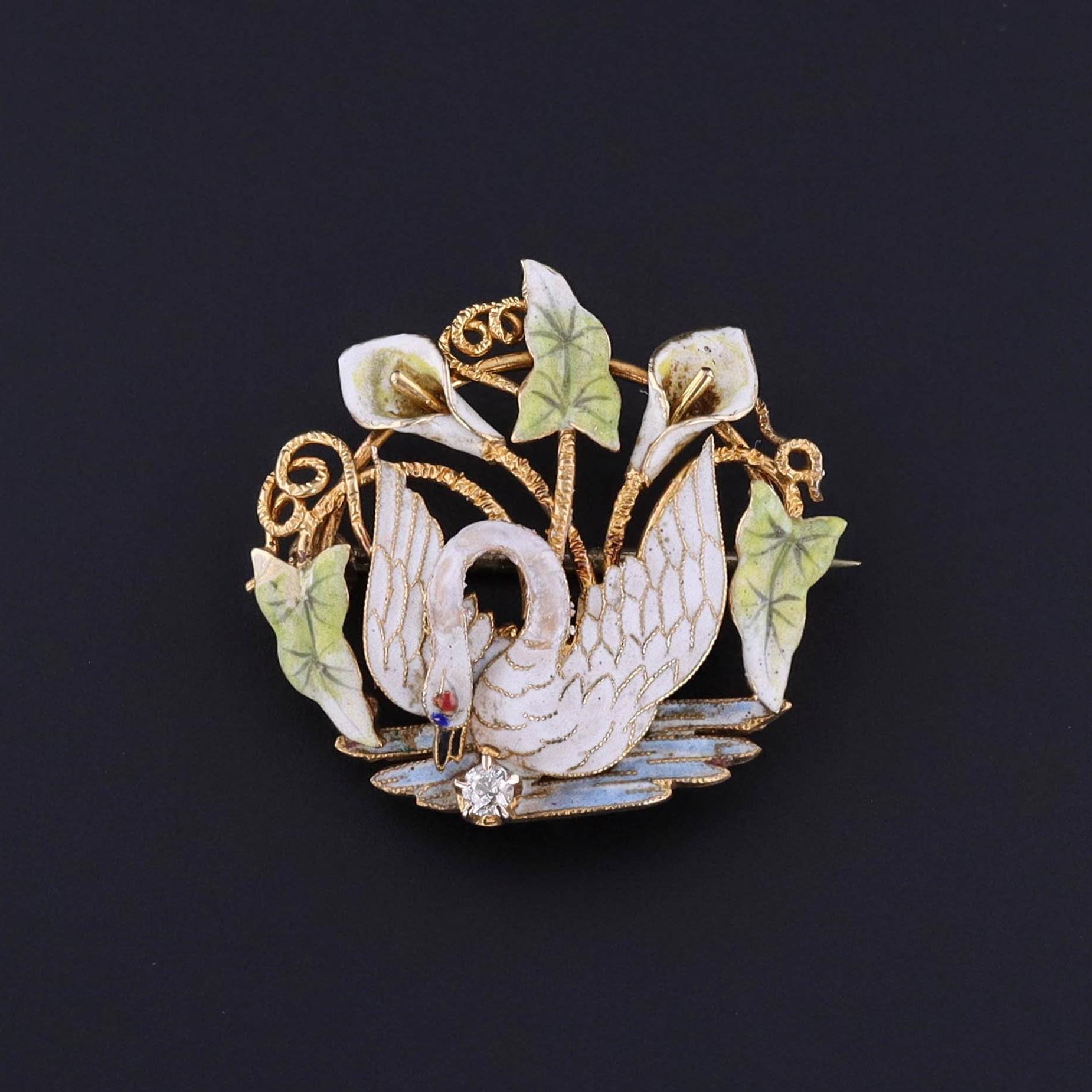 Antique Enamel Swan Brooch of 14k Gold - Trademark Antiques