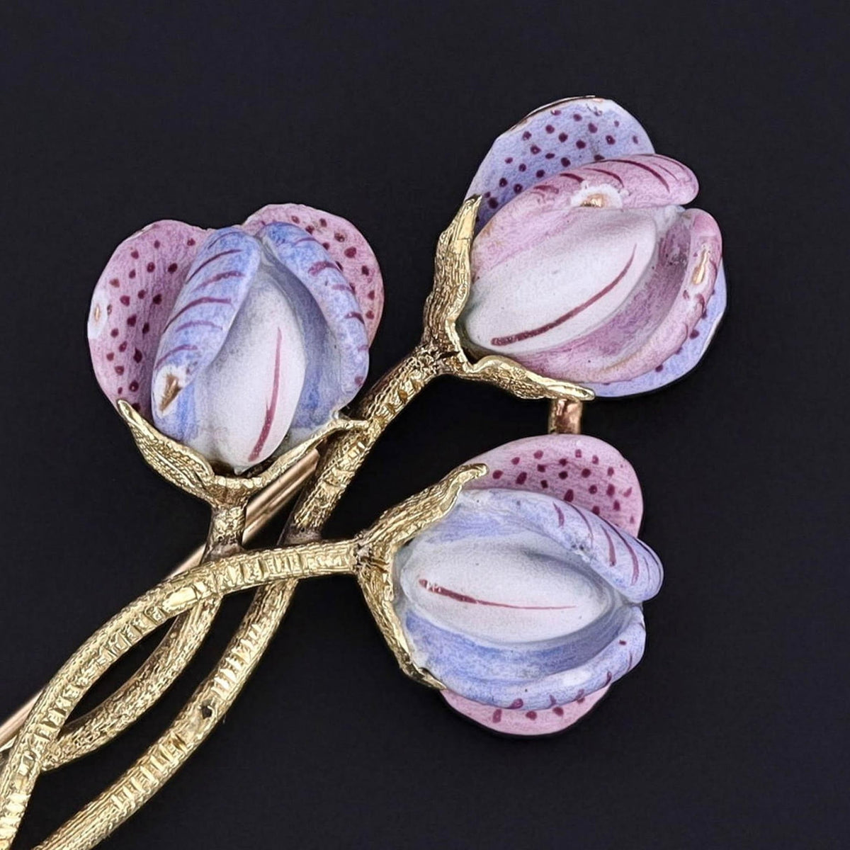 Antique Enamel Sweet Pea Brooch of 14k Gold - Trademark Antiques