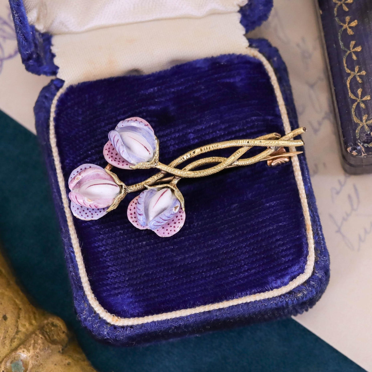 Antique Enamel Sweet Pea Brooch of 14k Gold - Trademark Antiques