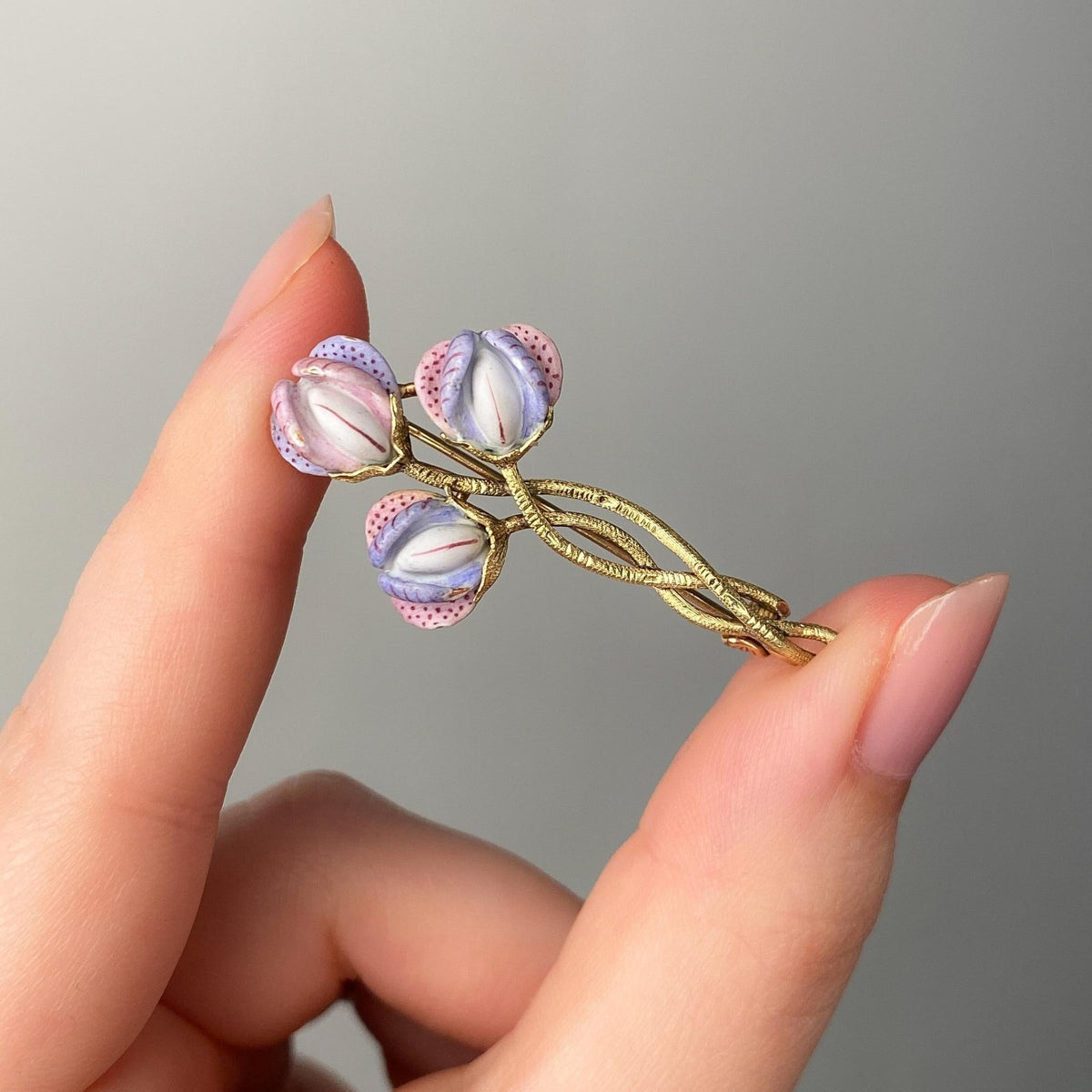 Antique Enamel Sweet Pea Brooch of 14k Gold - Trademark Antiques