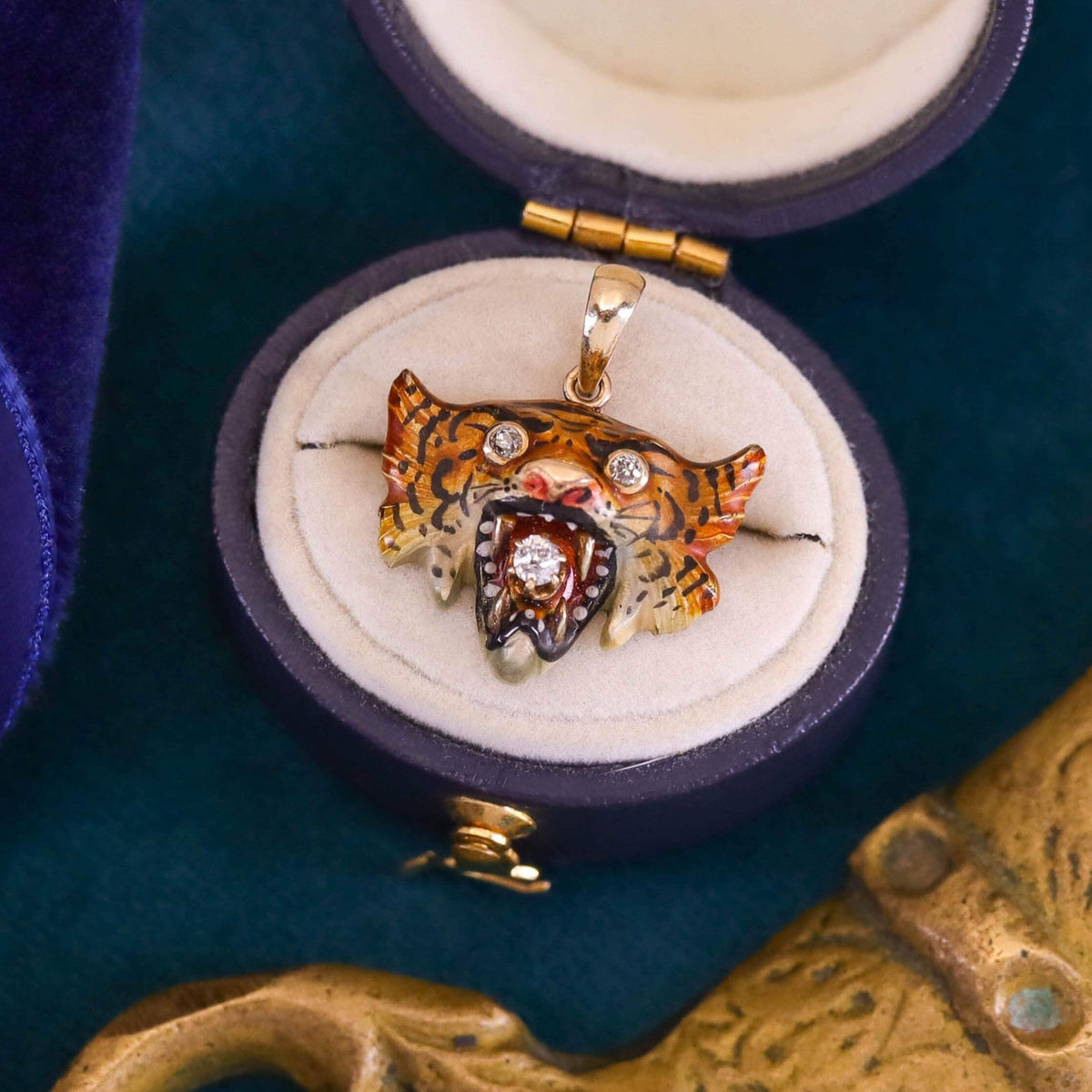 Antique Enamel Tiger Pendant of 14k Gold - Trademark Antiques