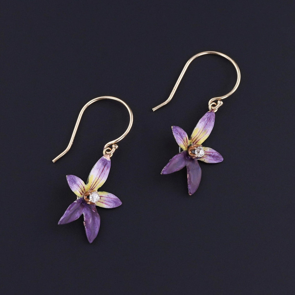 Antique Enamel Violet Conversion Earrings of 14k Gold - Trademark Antiques