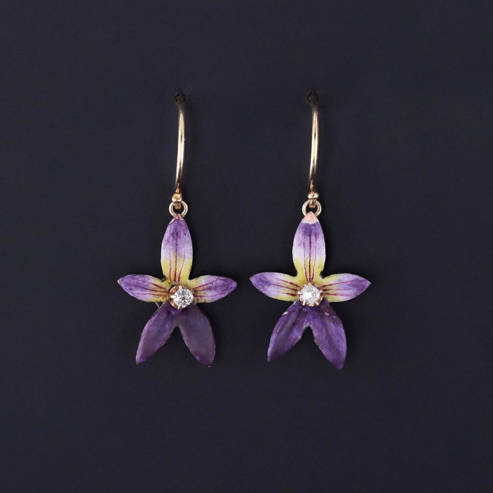Antique Enamel Violet Conversion Earrings of 14k Gold - Trademark Antiques