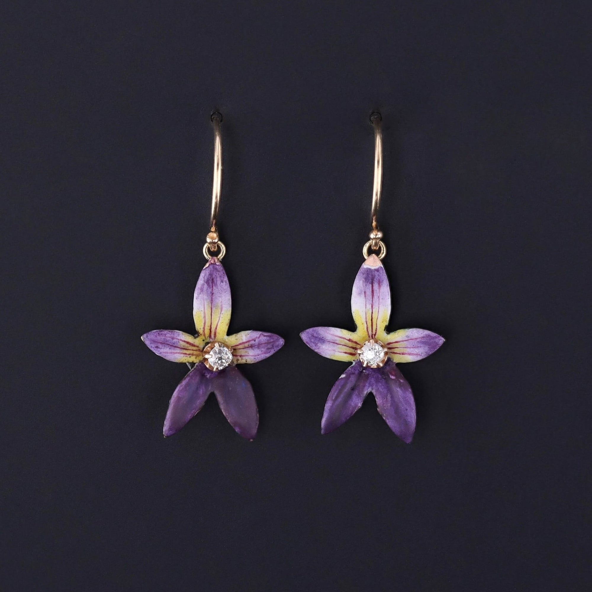 Antique Enamel Violet Conversion Earrings of 14k Gold - Trademark Antiques