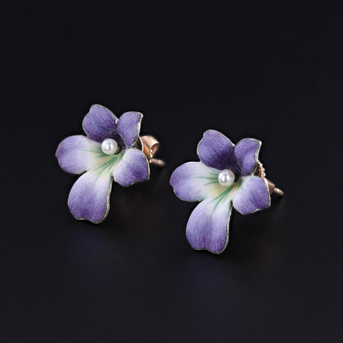 Antique Enamel Violet Earrings of 14k Gold - Trademark Antiques