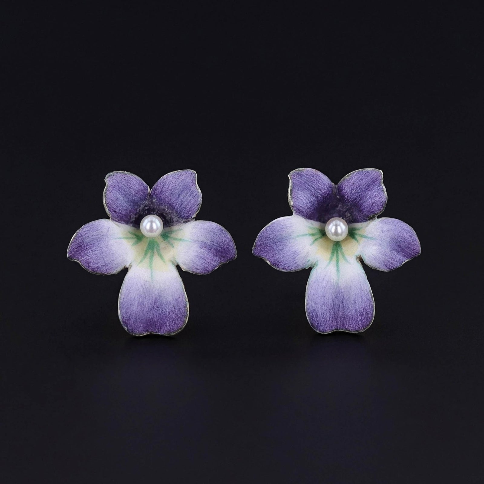 Antique Enamel Violet Earrings of 14k Gold - Trademark Antiques