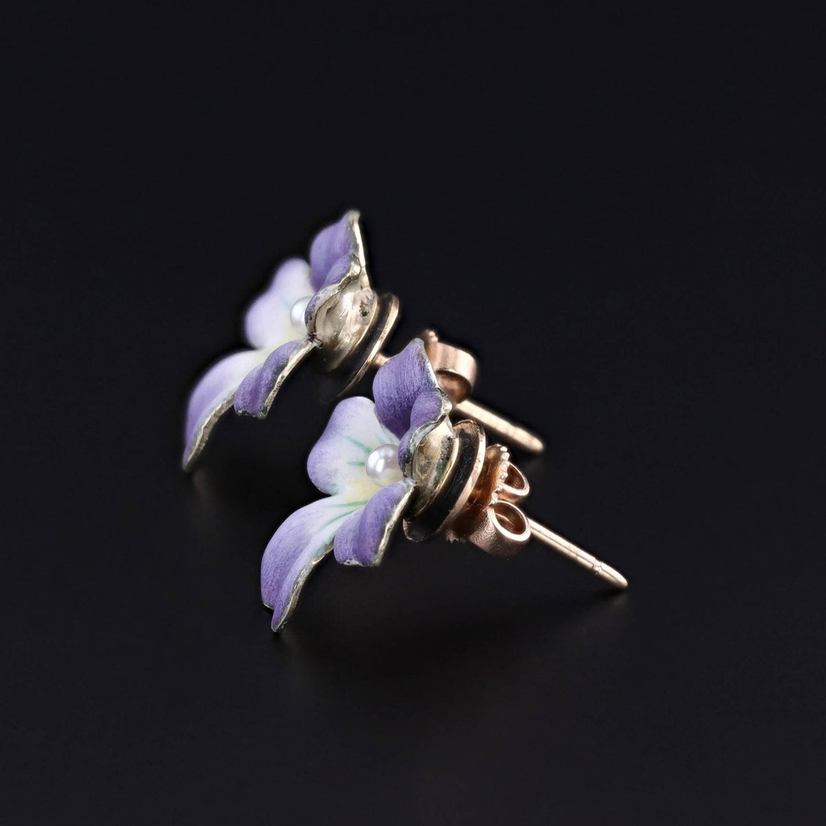Antique Enamel Violet Earrings of 14k Gold - Trademark Antiques
