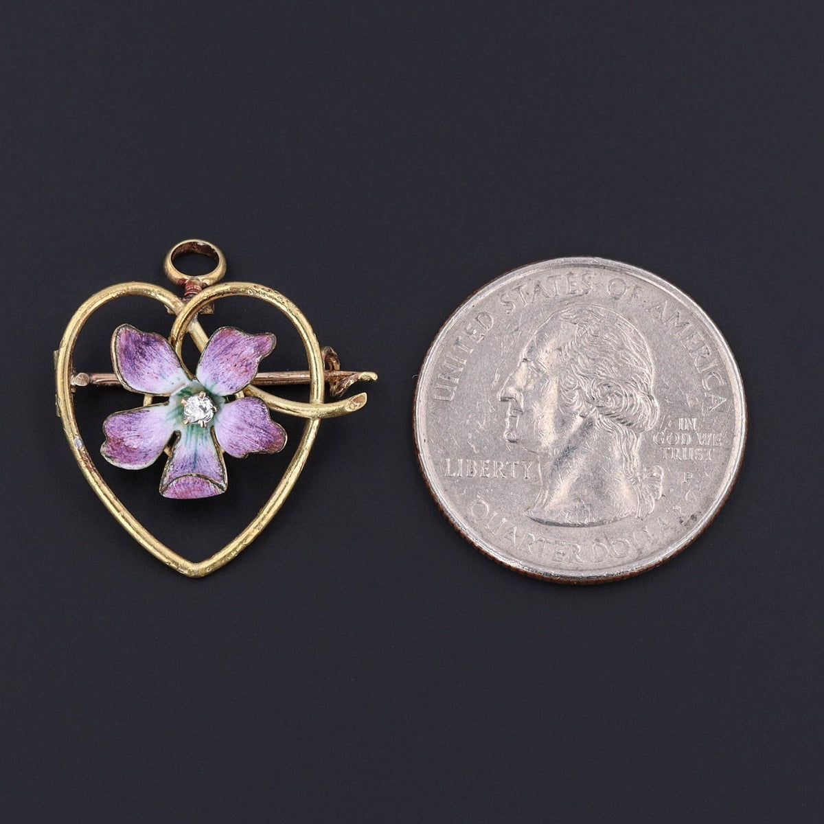 Antique Enamel Violet Heart Pendant or Brooch of 14k Gold - Trademark Antiques