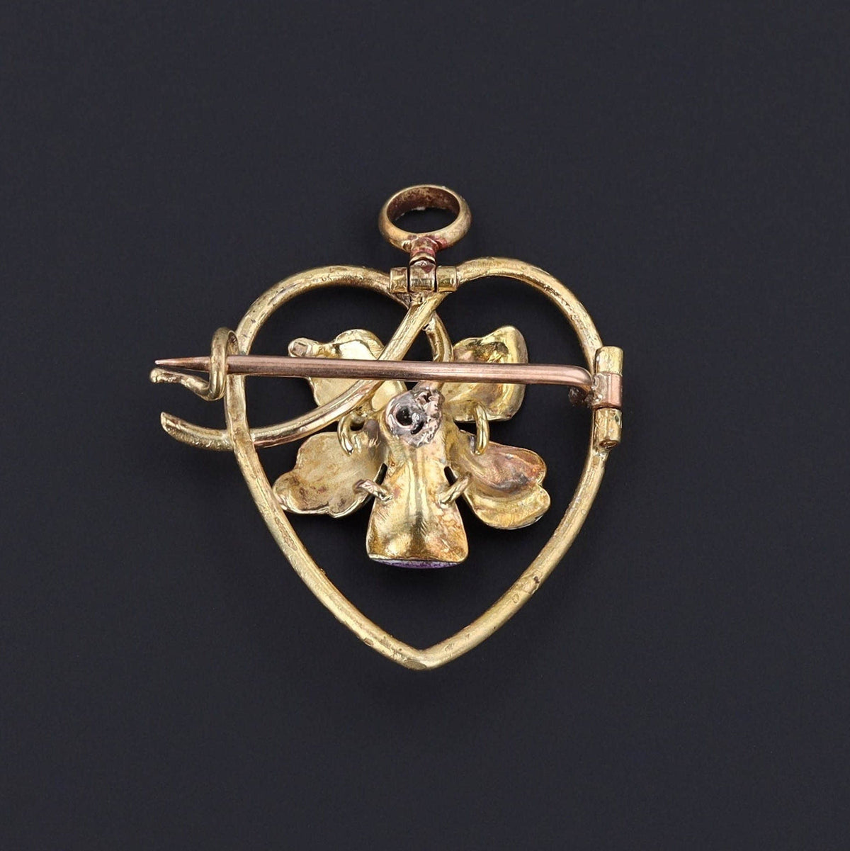 Antique Enamel Violet Heart Pendant or Brooch of 14k Gold - Trademark Antiques