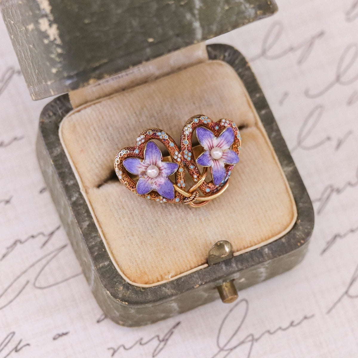 Antique Enamel Violet Heart Ring of 14k Gold - Trademark Antiques