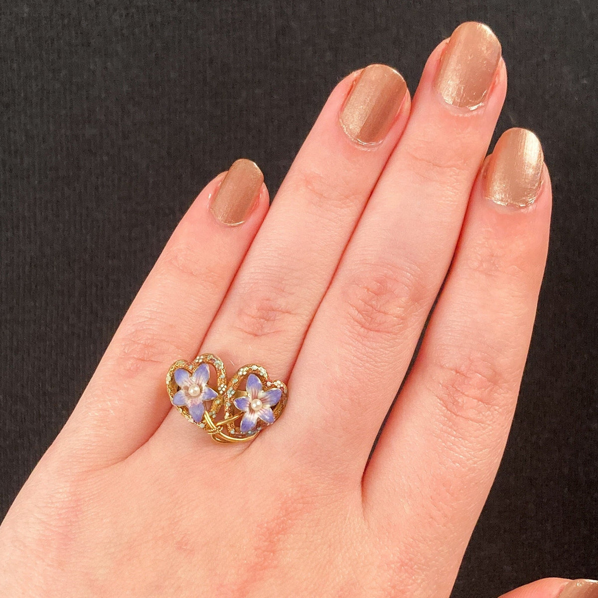 Antique Enamel Violet Heart Ring of 14k Gold - Trademark Antiques