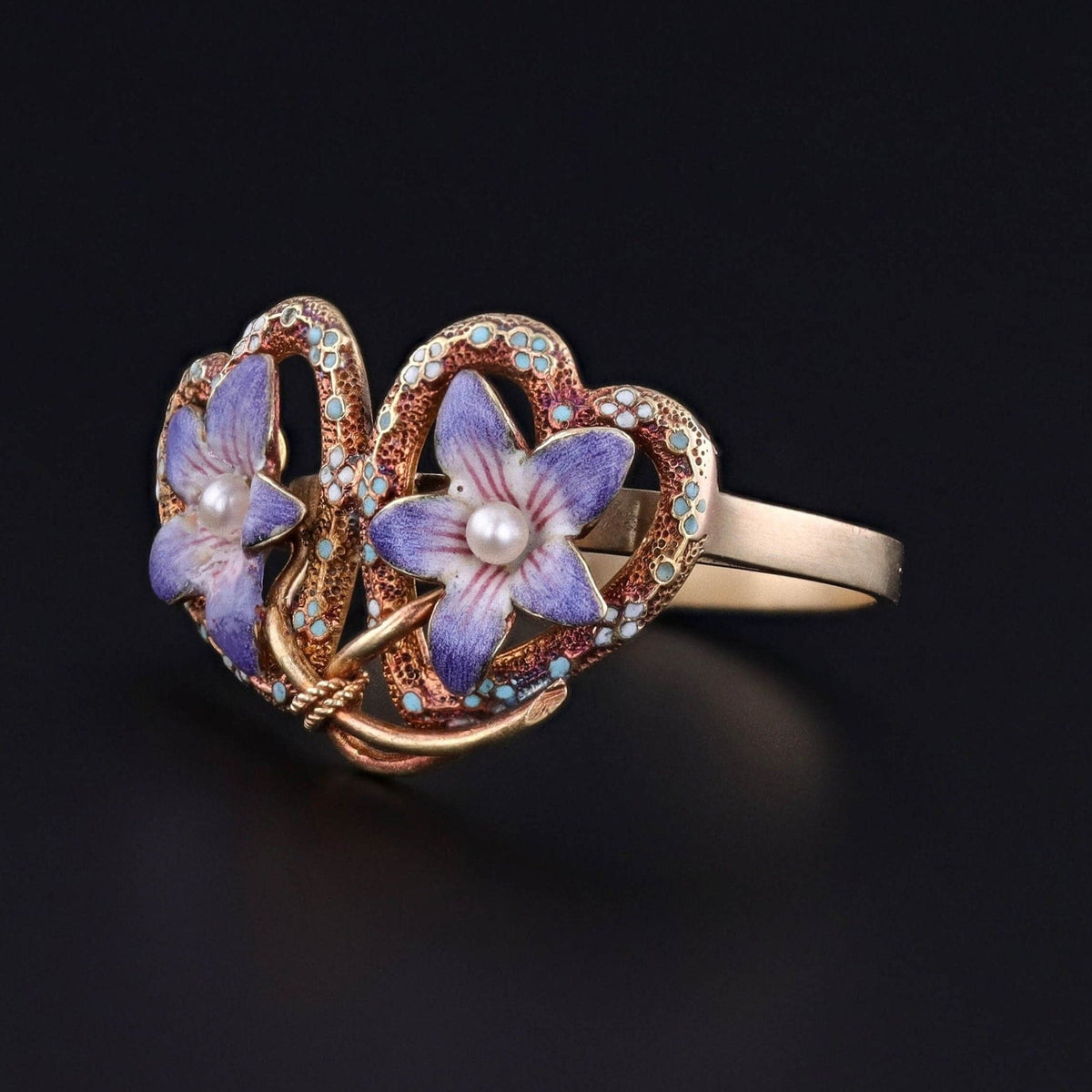 Antique Enamel Violet Heart Ring of 14k Gold - Trademark Antiques
