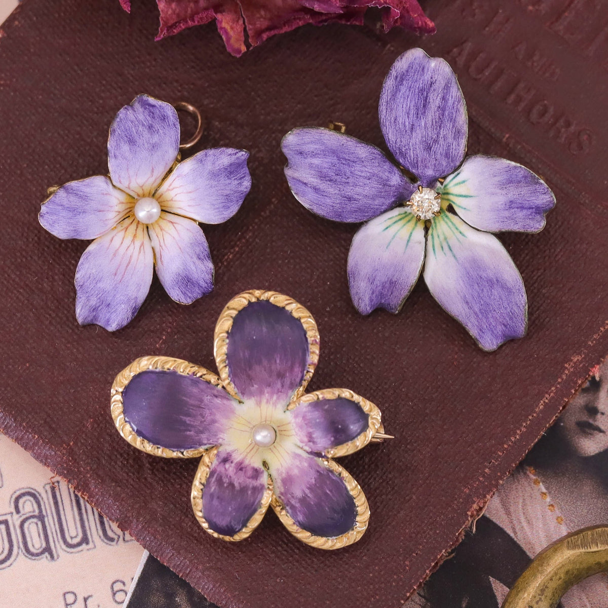 Antique Enamel Violet Pendant Brooch of 14k Gold - Trademark Antiques