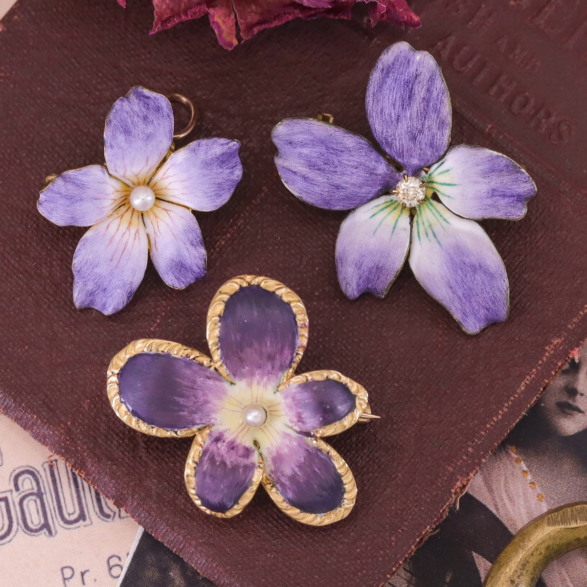 Antique Enamel Violet Pendant Brooch of 14k Gold - Trademark Antiques