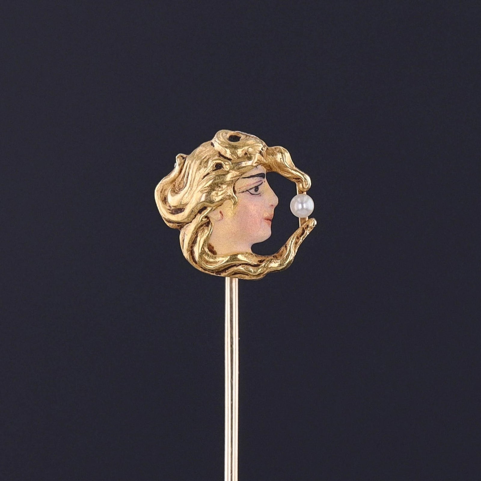 Antique Enamel Woman in the Moon Stickpin of 14k Gold - Trademark Antiques