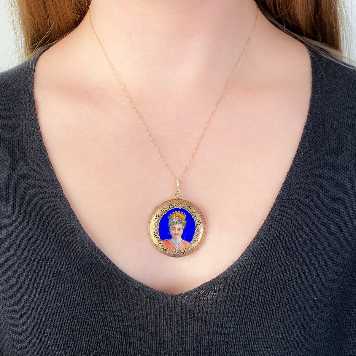 Antique Enamel Woman Pendant of 14k Gold - Trademark Antiques
