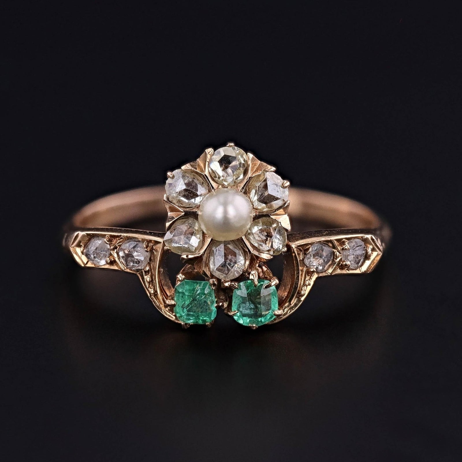 Antique Flower Ring of Pearl, Diamond, and Emerald in 18k Gold - Trademark Antiques
