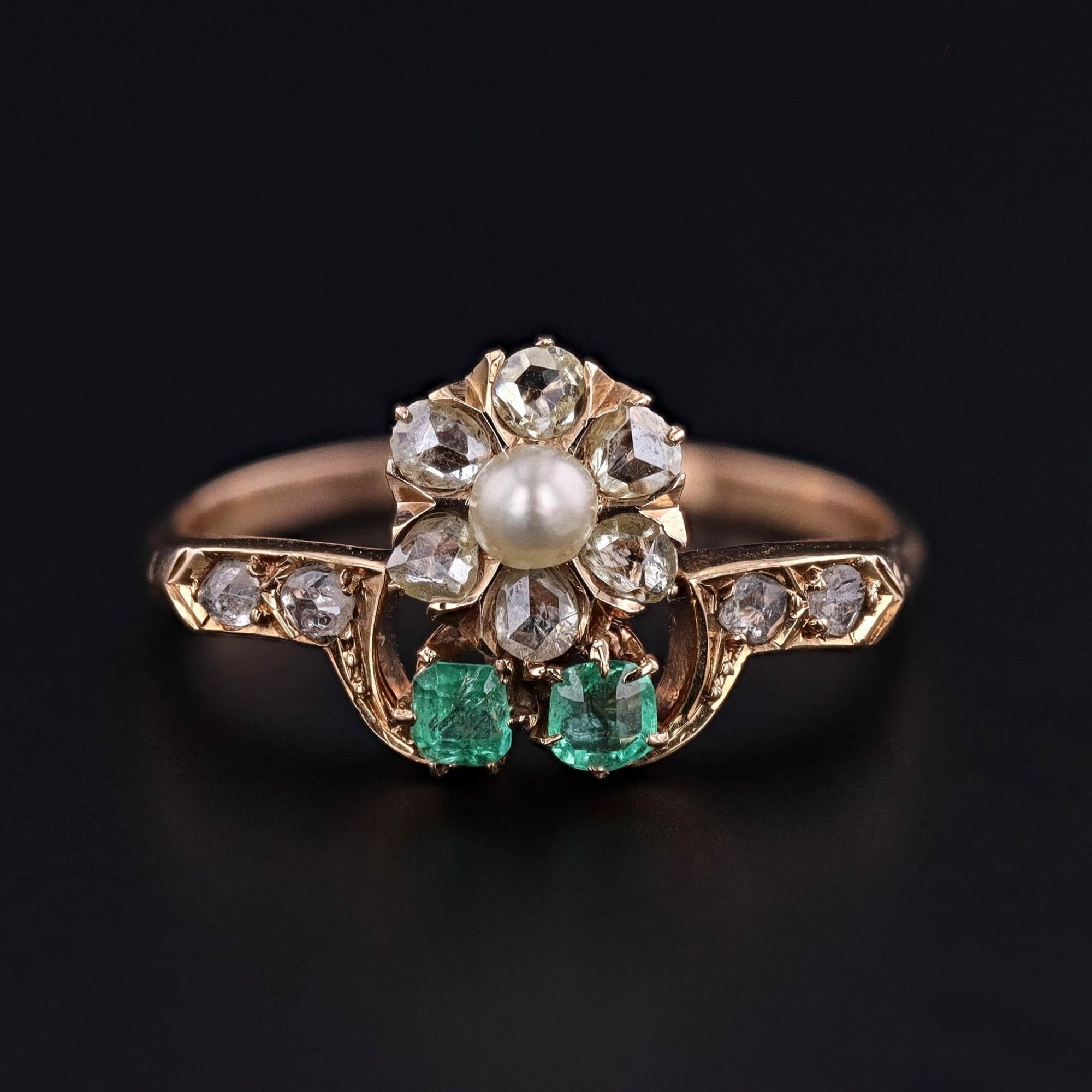 Antique Flower Ring of Pearl, Diamond, and Emerald in 18k Gold - Trademark Antiques