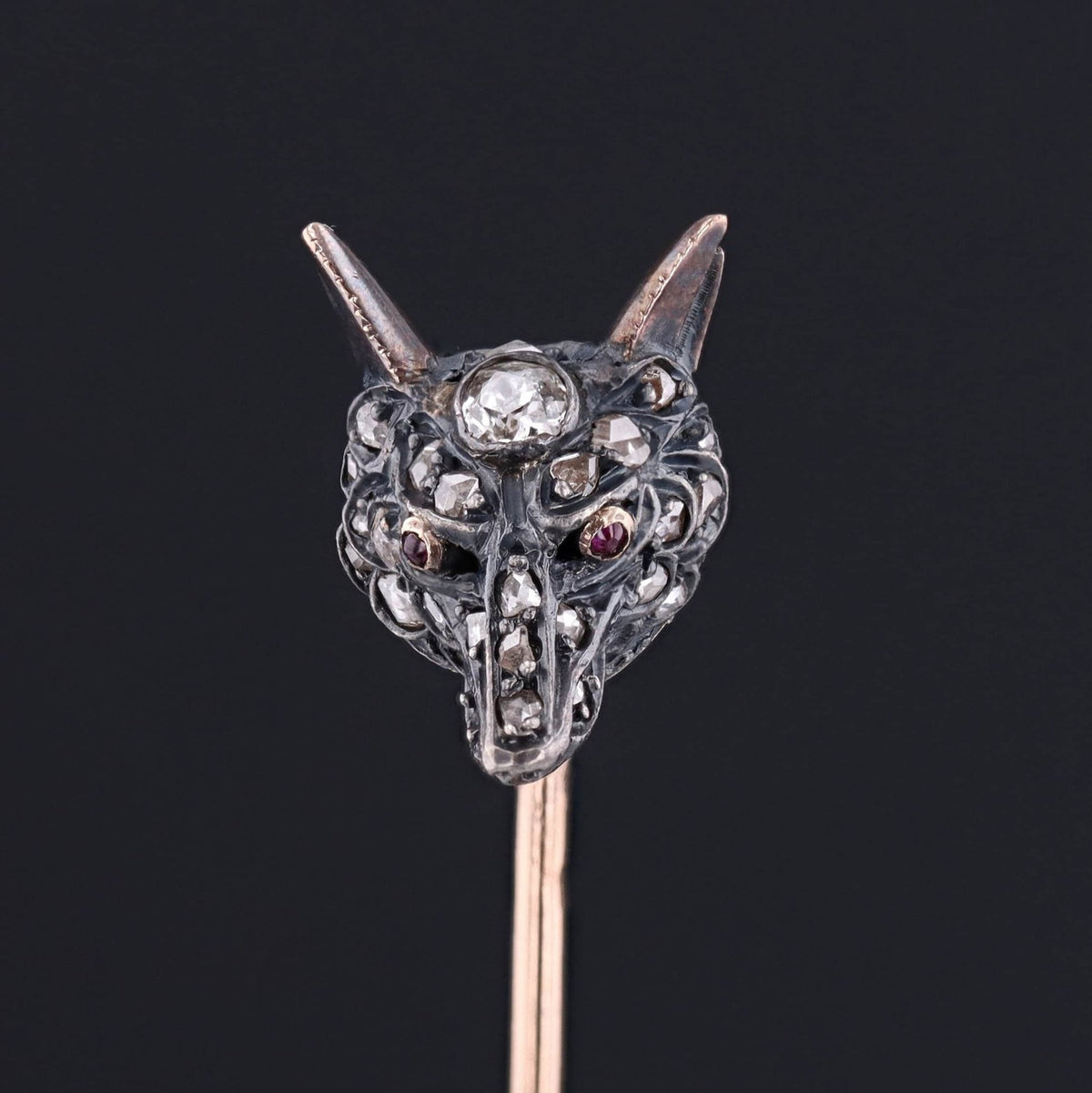 Antique French Diamond Fox Stickpin of Silver and 18k Gold - Trademark Antiques