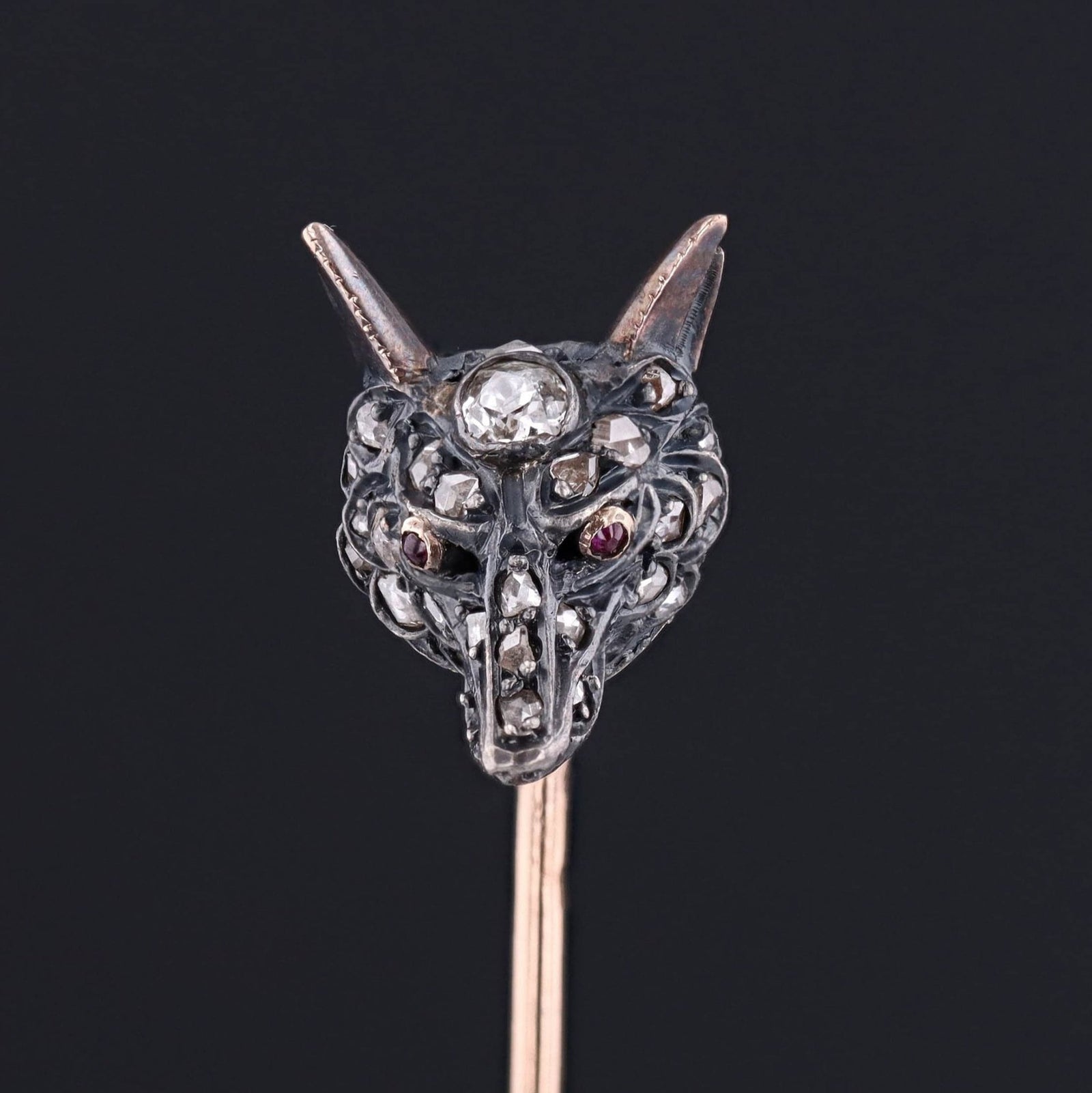 Antique French Diamond Fox Stickpin of Silver and 18k Gold - Trademark Antiques