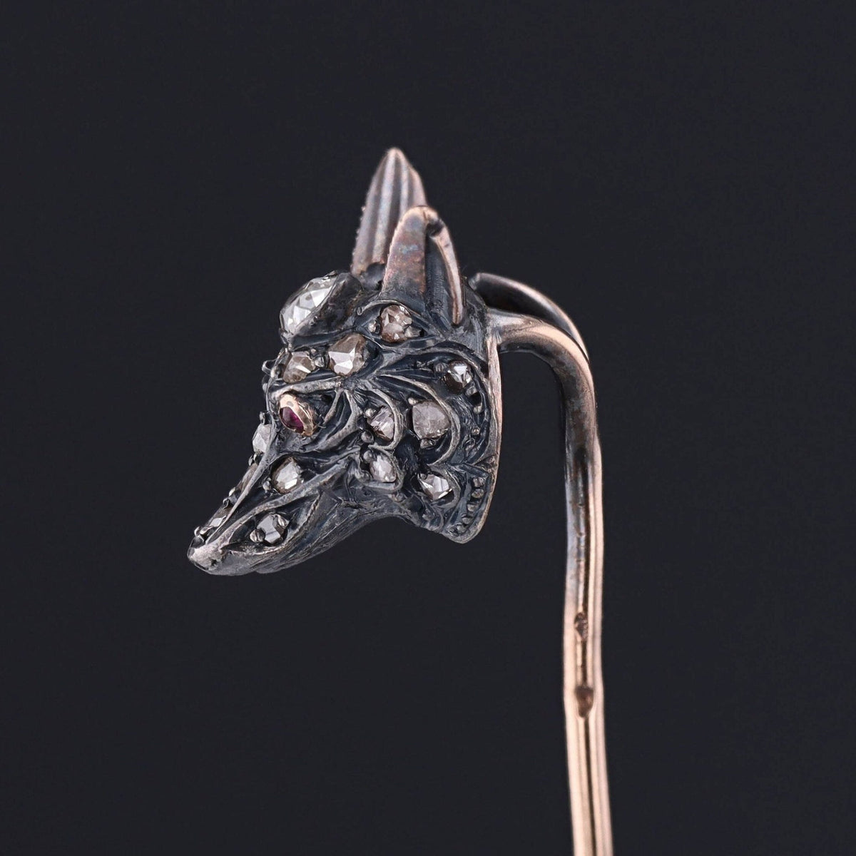 Antique French Diamond Fox Stickpin of Silver and 18k Gold - Trademark Antiques