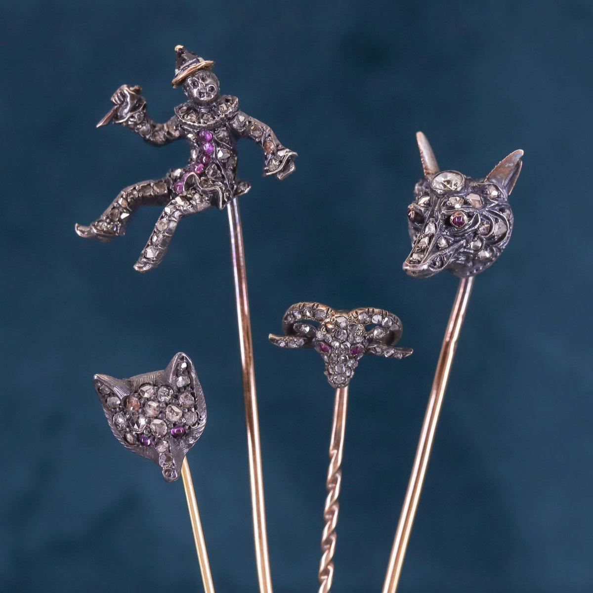 Antique French Diamond Fox Stickpin of Silver and 18k Gold - Trademark Antiques