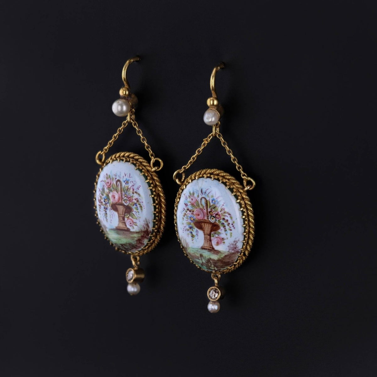 Antique French Enamel Flower Earrings of 18k Gold - Trademark Antiques