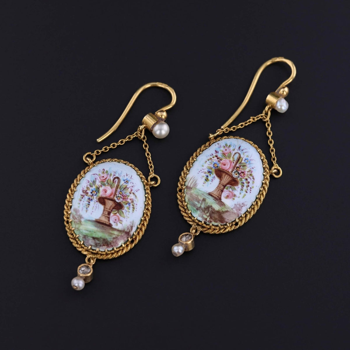 Antique French Enamel Flower Earrings of 18k Gold - Trademark Antiques