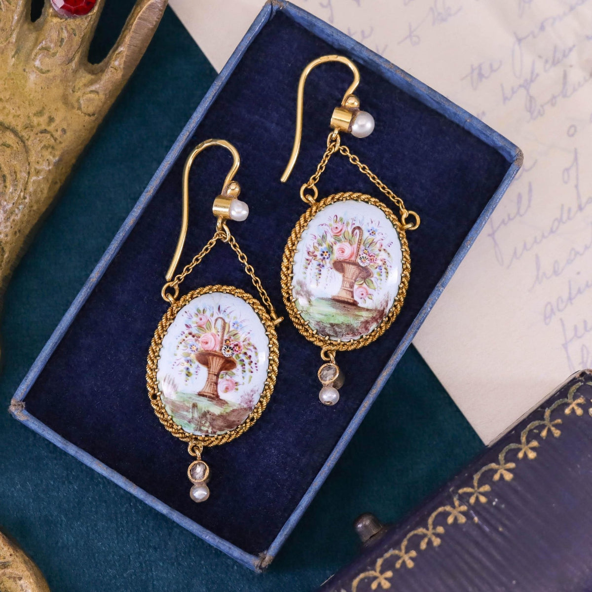 Antique French Enamel Flower Earrings of 18k Gold - Trademark Antiques