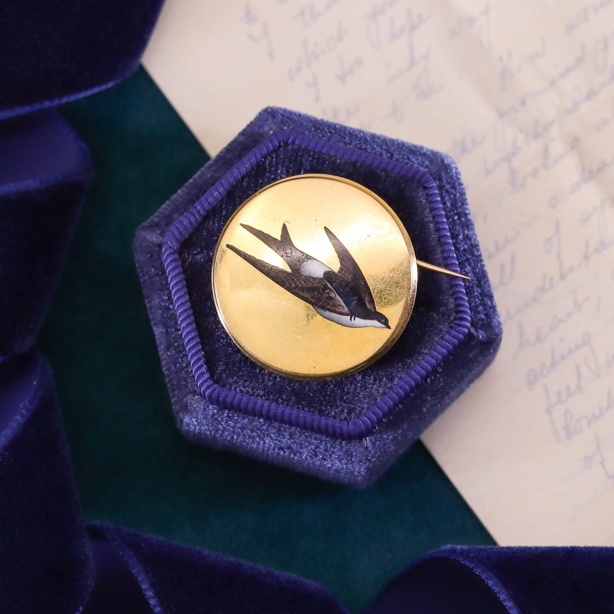 Antique French Enamel Swallow Brooch of 18k Gold - Trademark Antiques