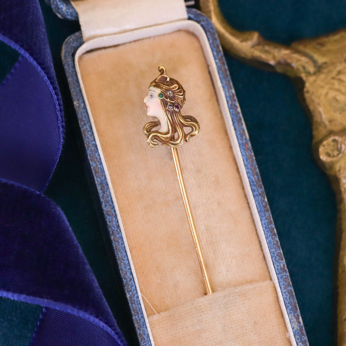 Antique French Enamel Woman Stickpin of 18k Gold - Trademark Antiques