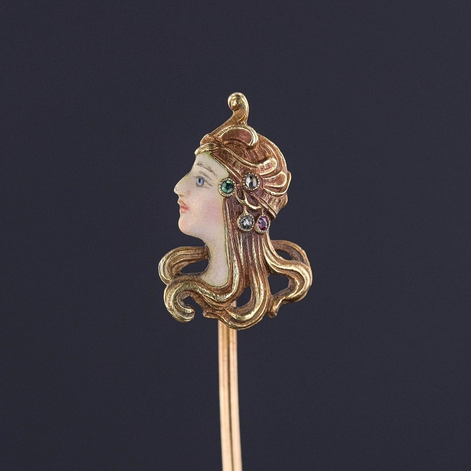 Antique French Enamel Woman Stickpin of 18k Gold - Trademark Antiques