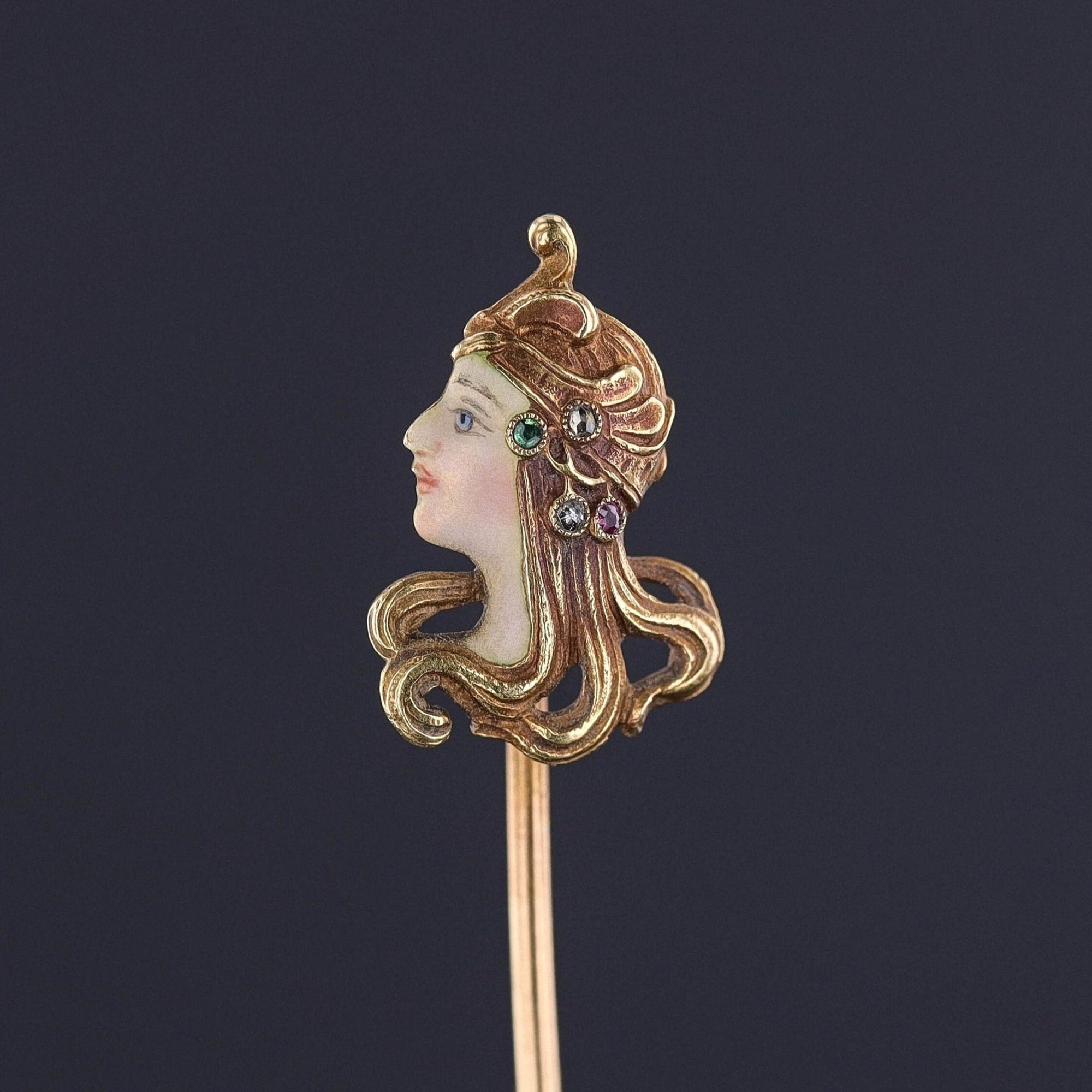 Antique French Enamel Woman Stickpin of 18k Gold - Trademark Antiques
