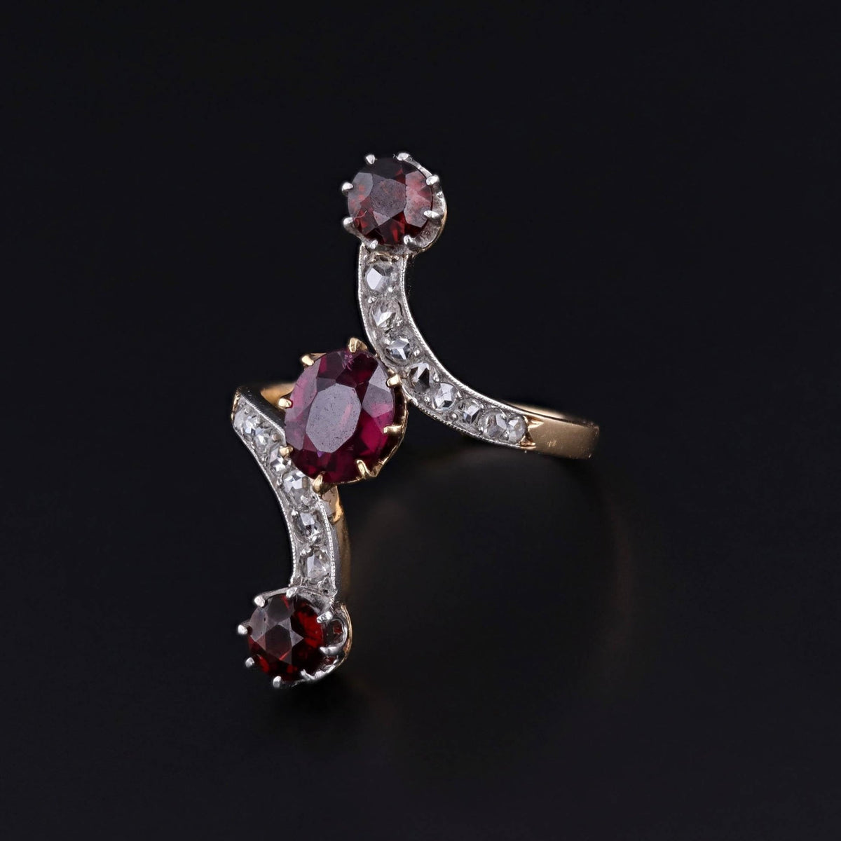 Antique French Garnet and Diamond Bypass Ring of 18k Gold - Trademark Antiques