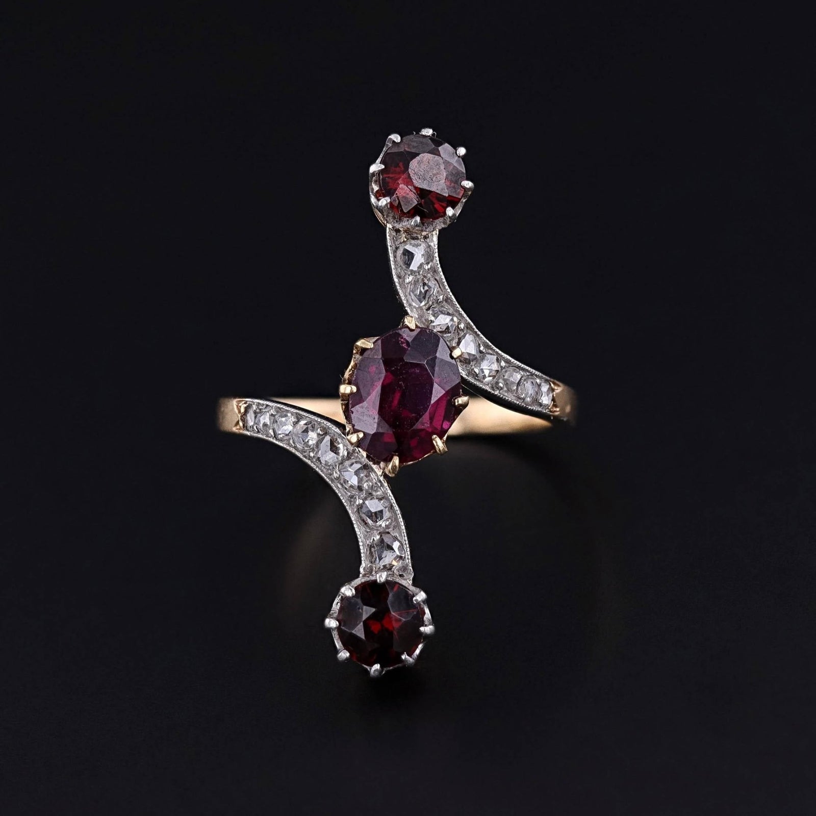 Antique French Garnet and Diamond Bypass Ring of 18k Gold - Trademark Antiques