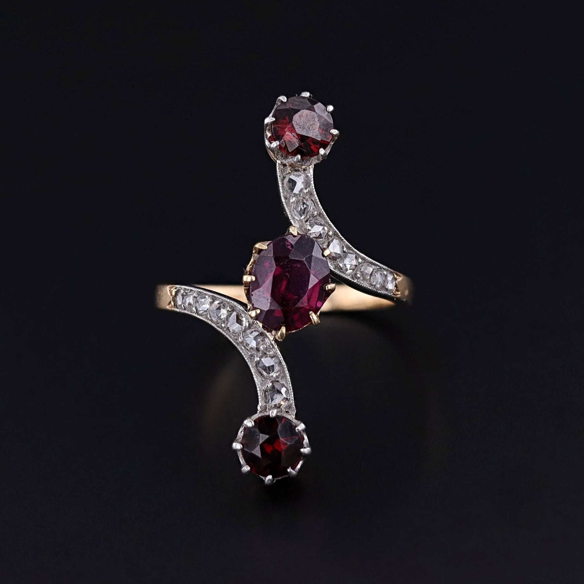Antique French Garnet and Diamond Bypass Ring of 18k Gold - Trademark Antiques