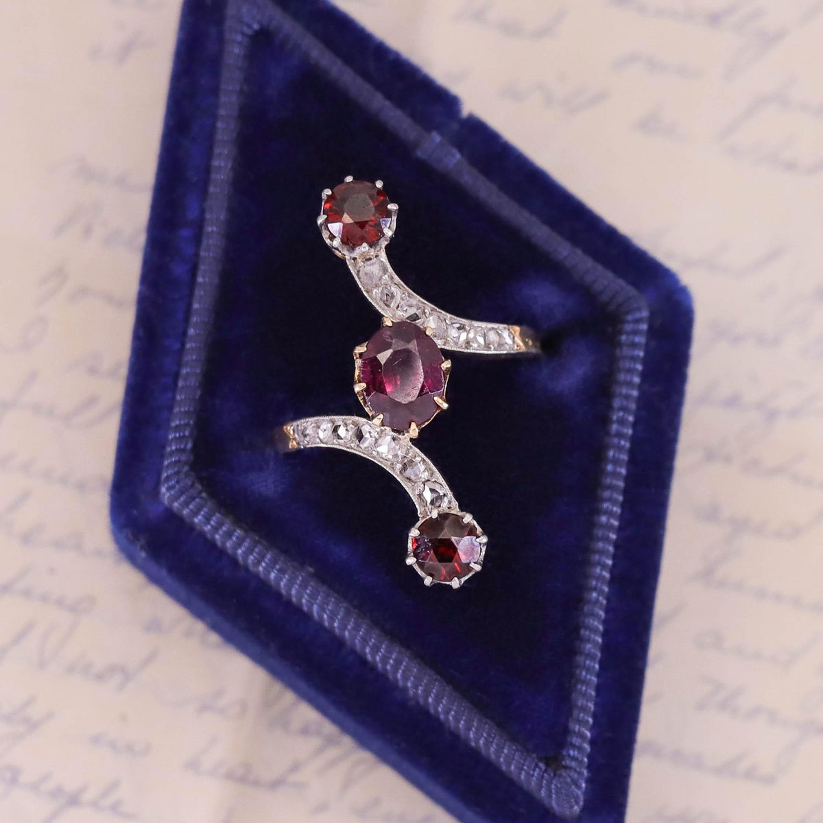Antique French Garnet and Diamond Bypass Ring of 18k Gold - Trademark Antiques