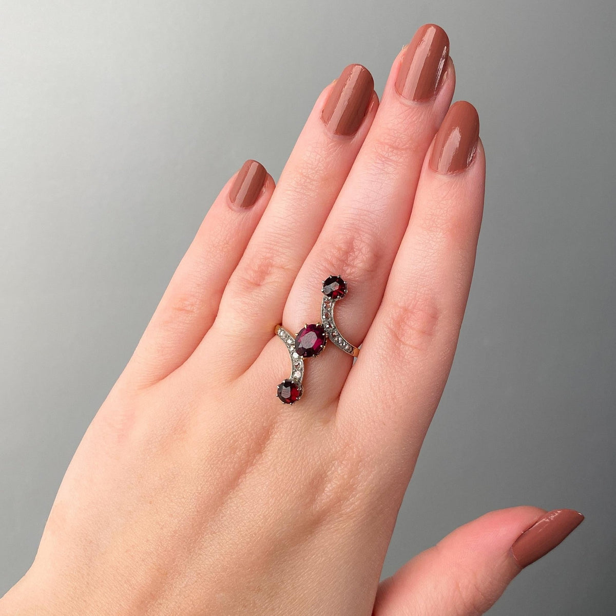 Antique French Garnet and Diamond Bypass Ring of 18k Gold - Trademark Antiques
