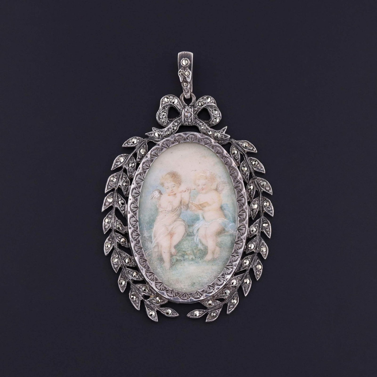Antique French Miniature Pendant with Cherubs of Silver - Trademark Antiques