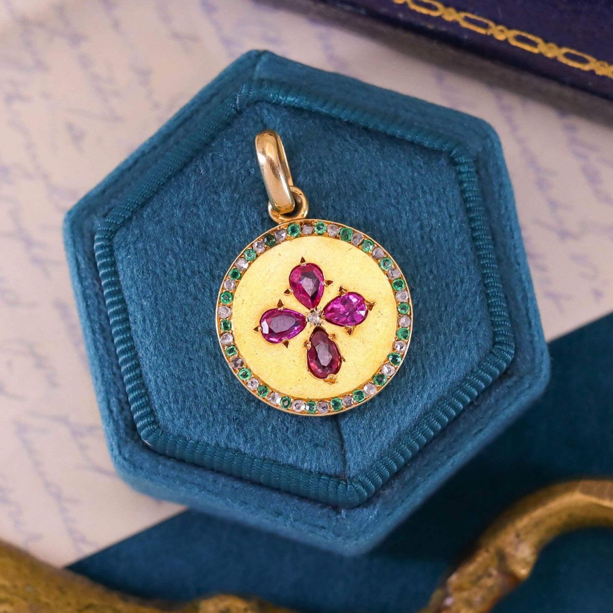Antique French Ruby, Emerald &amp; Diamond Pendant of 18k Gold - Trademark Antiques