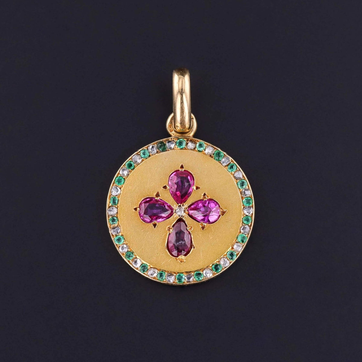 Antique French Ruby, Emerald &amp; Diamond Pendant of 18k Gold - Trademark Antiques