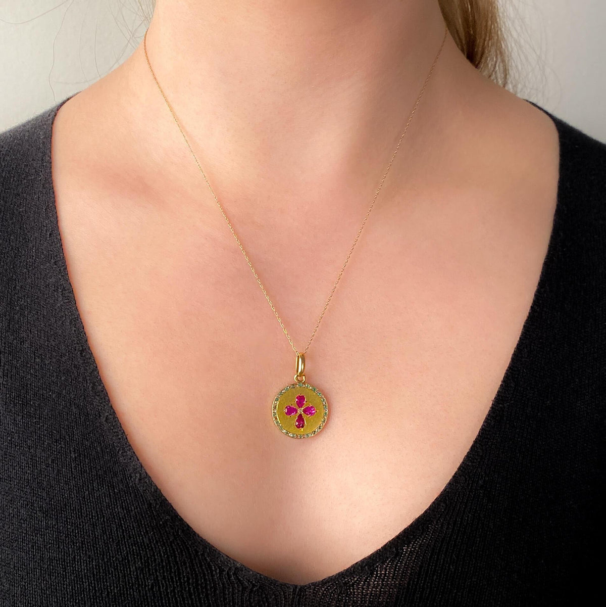 Antique French Ruby, Emerald &amp; Diamond Pendant of 18k Gold - Trademark Antiques