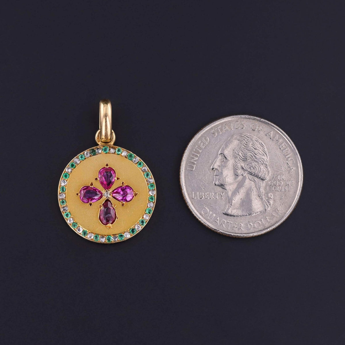 Antique French Ruby, Emerald &amp; Diamond Pendant of 18k Gold - Trademark Antiques