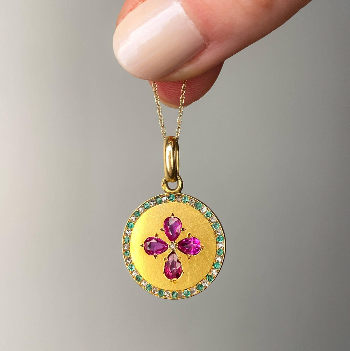 Antique French Ruby, Emerald &amp; Diamond Pendant of 18k Gold - Trademark Antiques